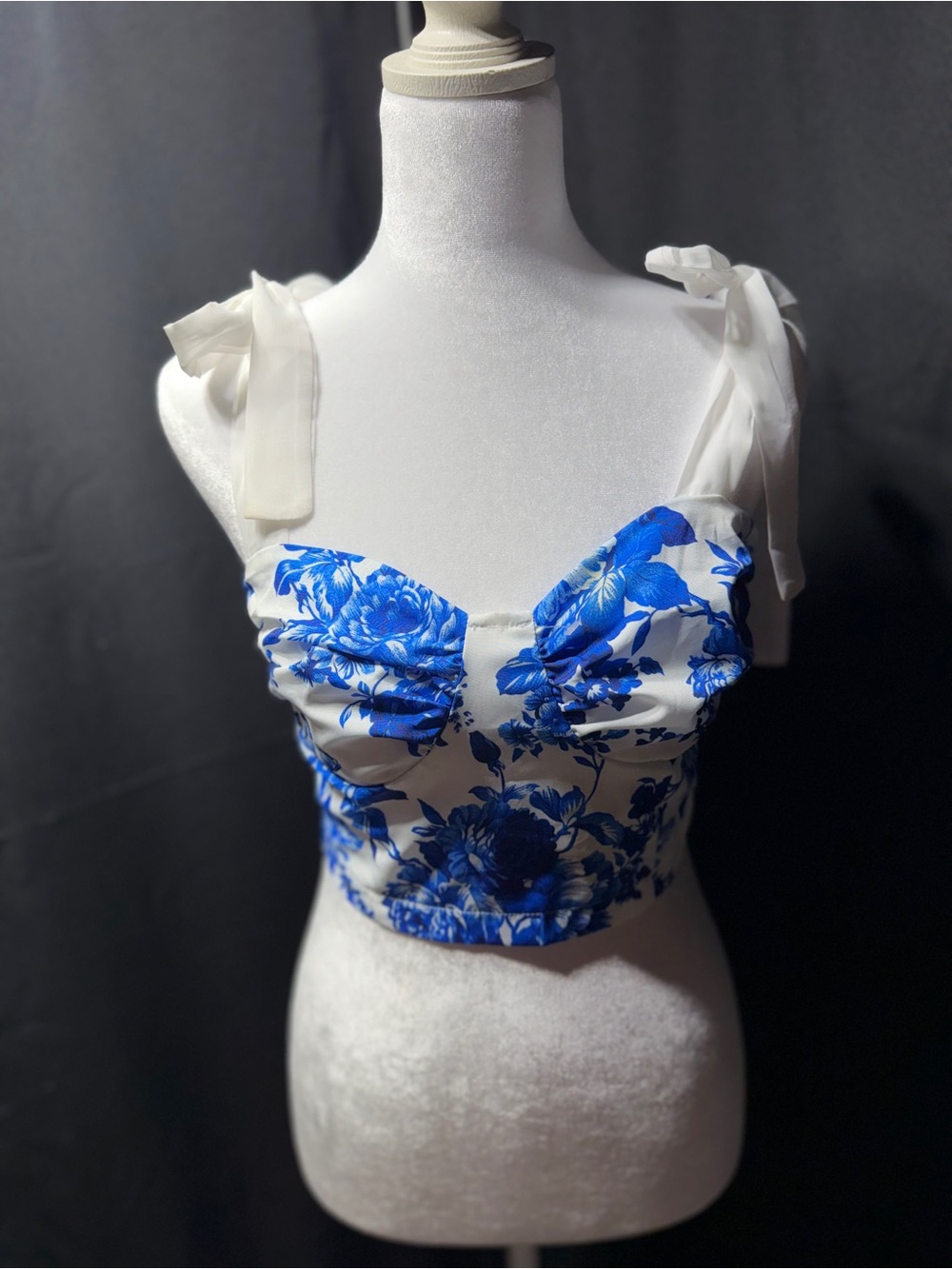 SHEIN White Crop Top with Royal Blue Floral Print and Tie Straps